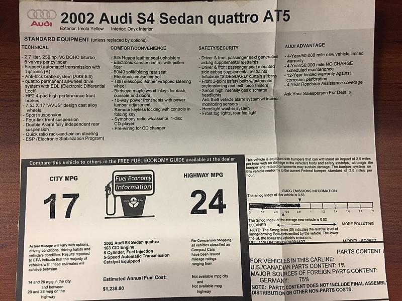 FS: 2002 Audi B5 S4 - Sedan - Automatic - Imola Yellow - 103k miles - Irvine, CA-p12sticker.jpg